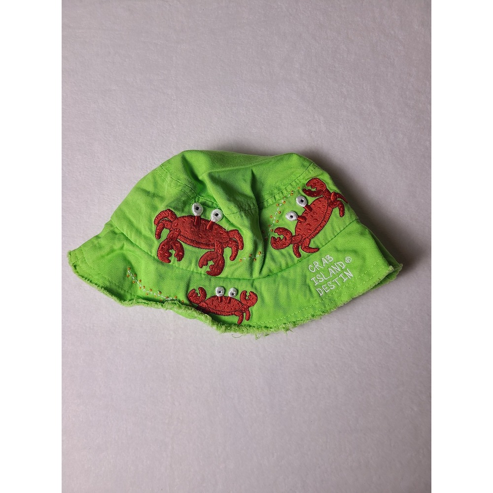 VTG Baby Tees Bucket Hat Lime Green Crab Island Destin Fray Brim Beach Vacation